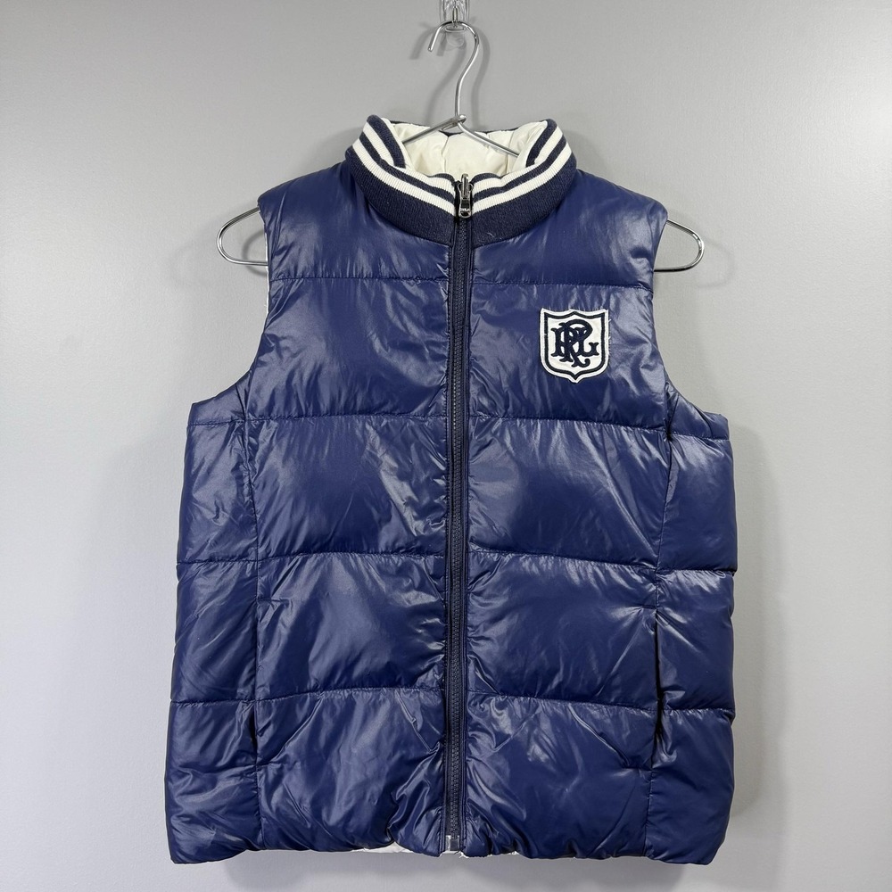 Polo Ralph Lauren Vest Kids 12-14 Blue White Reversible Down Puffer Winter Warm